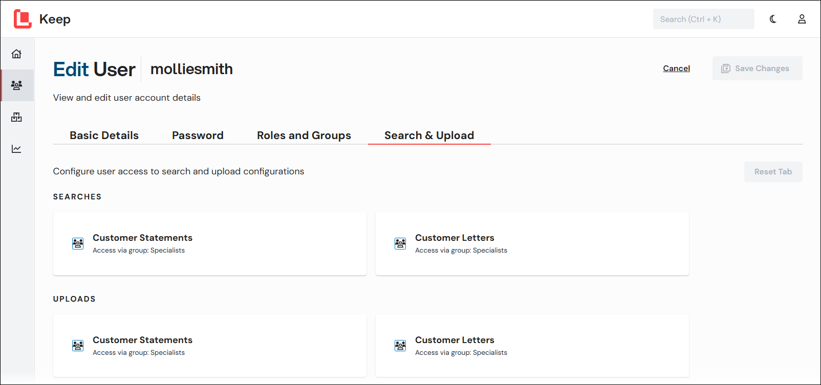 The Search and Upload tab of the Edit User page of Keep.